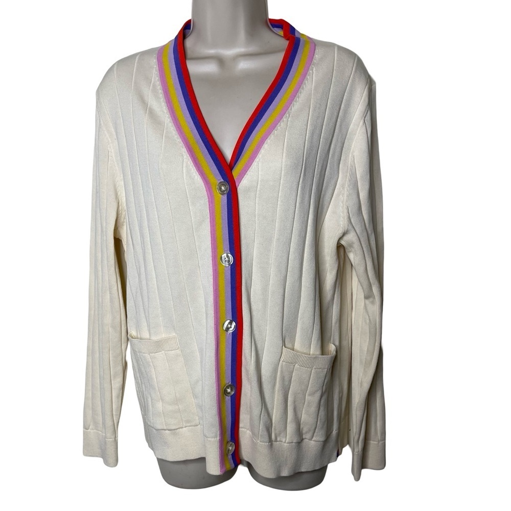 KULE The Binx Rare color 4 stripe trim cotton blend ivory Cardigan sz S